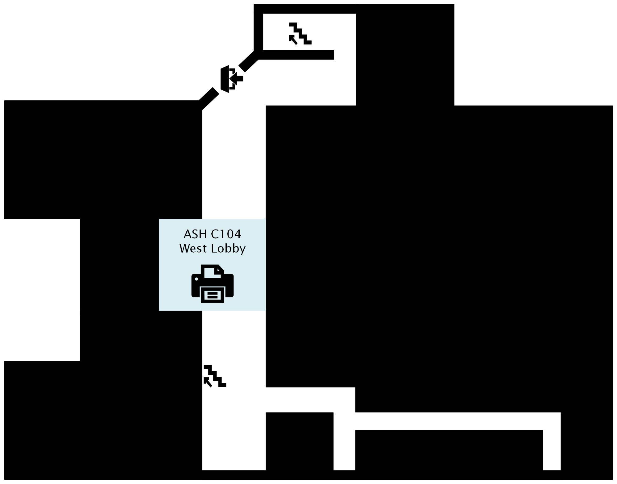 A map of the first floor of Au Sable Hall, indicating a printer with print, copy, and scanning capabilities is available in ASH C104